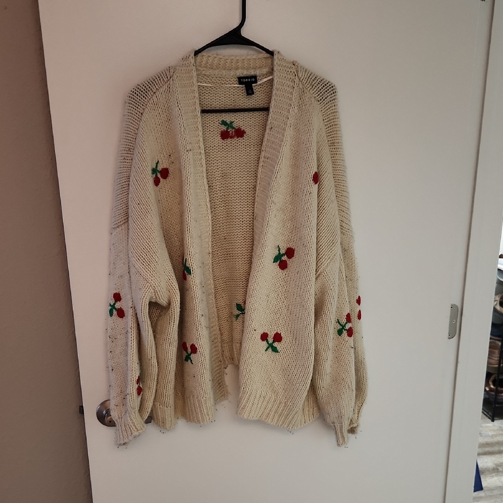 Torrid Cream and Red Embroidered Cardigan Sweater